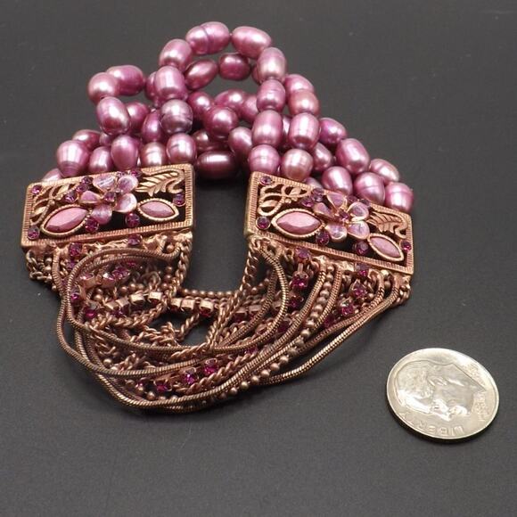 Pink Faux Pearl Floral Rhinestone Bracelet, Six Rows Glass Pearls, 7 Inches - Picture 10 of 14